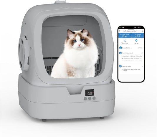 Automatic Cat Litter Box Self Cleaning - APP Control and Weight Monitoring - Ultra-Quiet, Suitable for Medium Cats and Kittens, Safe Anti-Pinch Litter Box (Assembly Required) - Light Grey