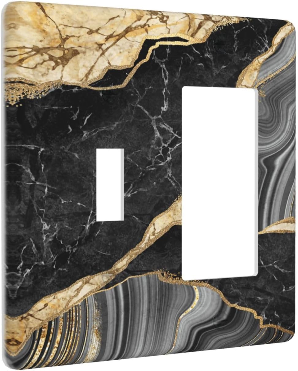 Decorative Outlet Covers Modern Abstract Black Gold Marble 2 Gang Wall Plate Single Toggle 1 Rocker Light Switch Cover Switch Plate Covers for Bathroom Kitchen Home Decor
