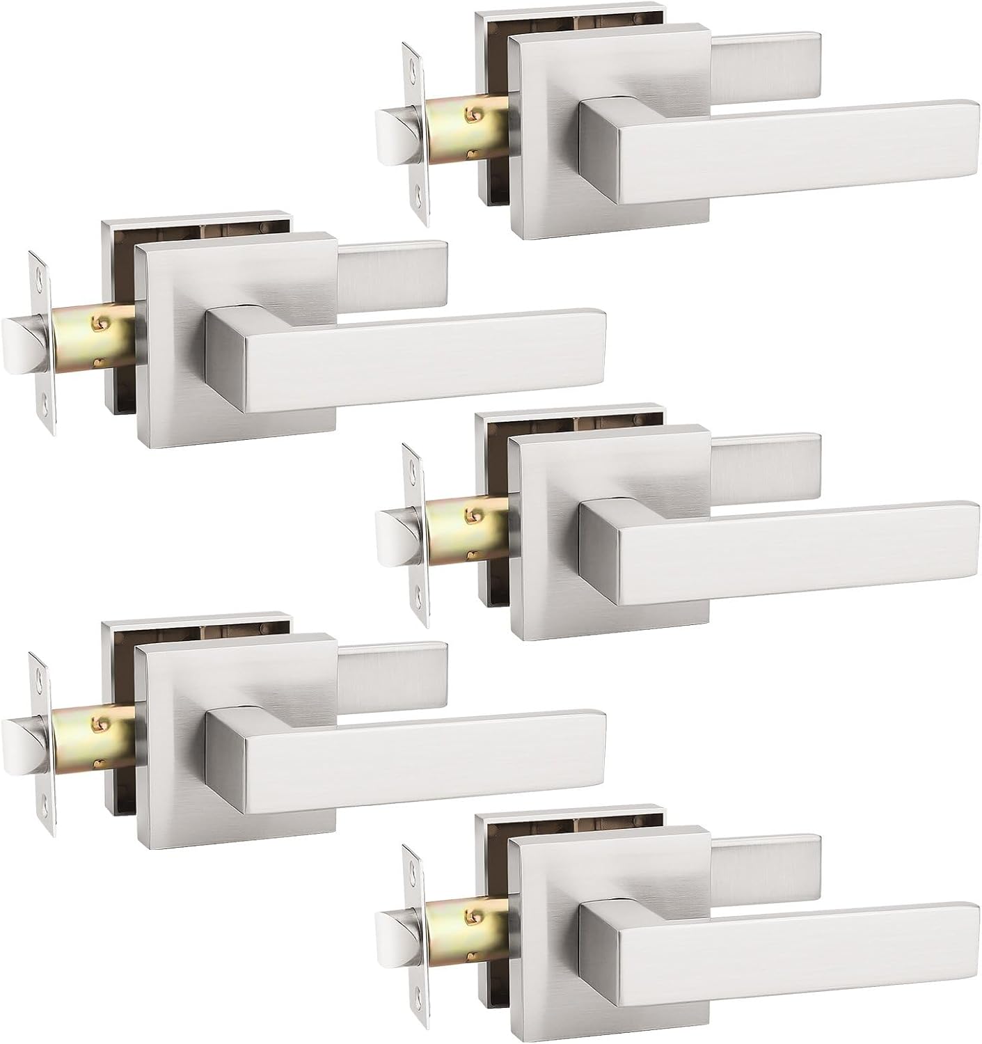 KNOBWELL 5 Pack Passage Door Handle Brushed Nickel Interior Door Knob, Pull Only Door Levers for Closet Hallway Satin Nickel Modern Door Lever(No Lock)