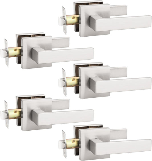 KNOBWELL 5 Pack Passage Door Handle Brushed Nickel Interior Door Knob, Pull Only Door Levers for Closet Hallway Satin Nickel Modern Door Lever(No Lock)
