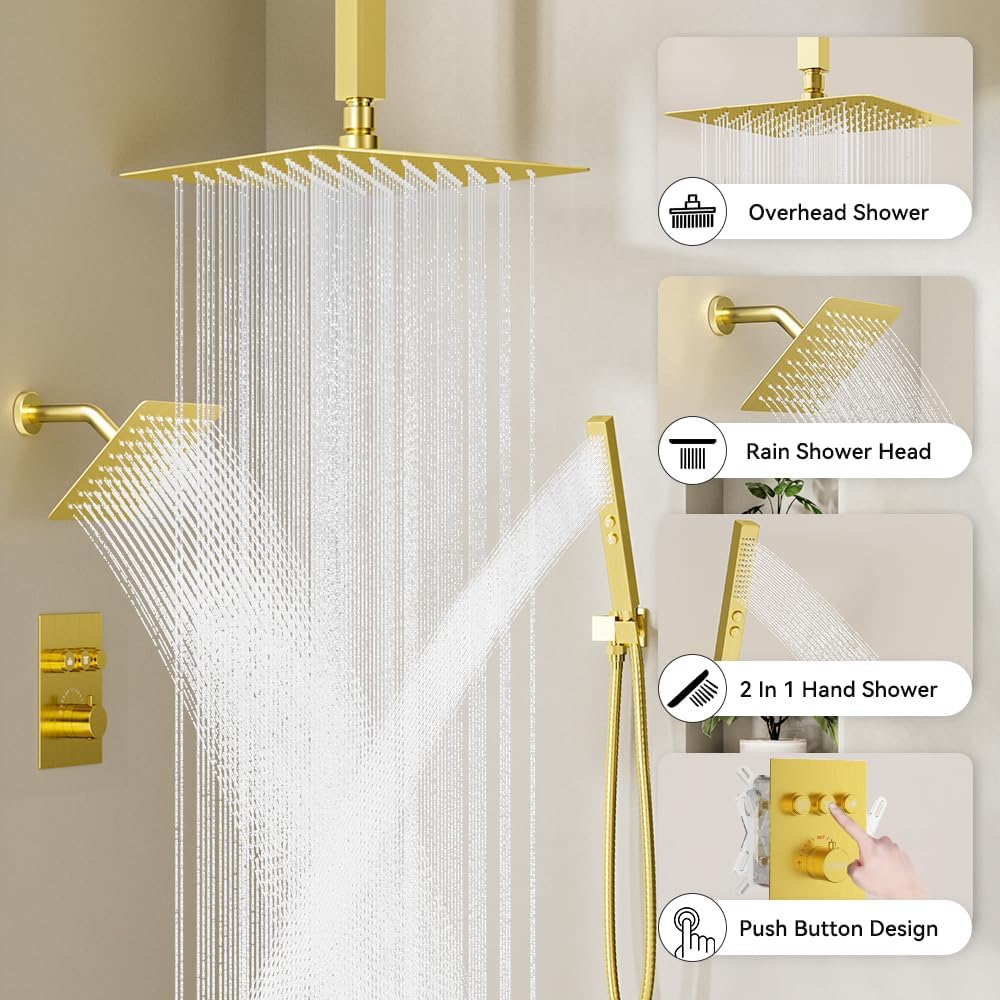 Brushed Gold Shower System, STARBATH Ceiling Mounted 10+6 Inch Rainfall Shower Head with 2 in 1 High Pressure Handhled, Can Use All at Once, Push Button Diverter Thermostatic Valve with Trim Kit