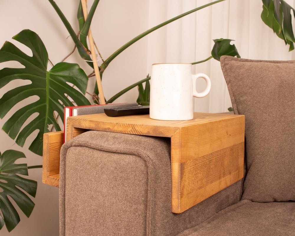 Wooden Couch Arm Tray – Sofa Armrest Table with Book & Magazine Holder, Perfect for Coffee & Remote Control, Solid Wood (Madrid)