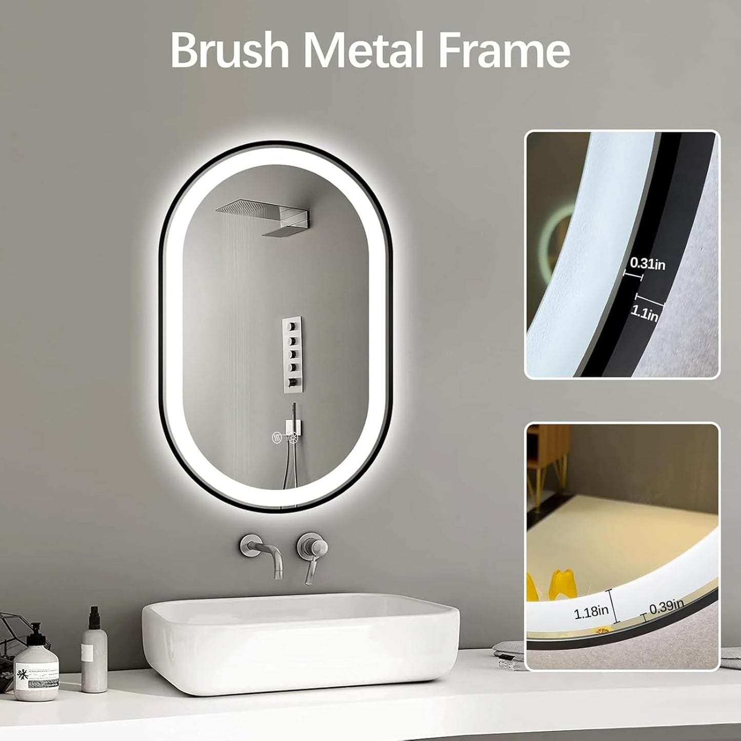 Niccy Oval LED Mirror for Bathroom, 40x24 Front Lit + Backlit Vanity Mirrors with Light Anti-Fog, Shatter-Proof, 3 Colors, Makeup Mirror with Black Frame (Horizontal/Vertical)