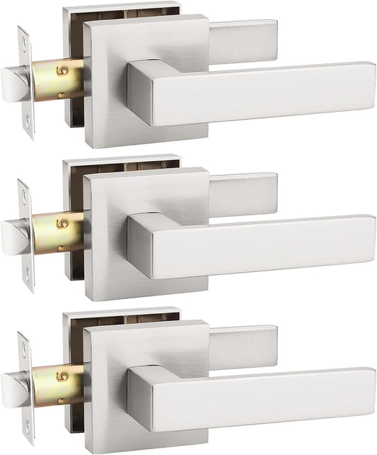 KNOBWELL 3 Pack Satin Nickel Interior Door Handle, Closet Doorknob Square Modern Handleset, Passage Lever Door Handle Knob for Indoor Use(No Lock)