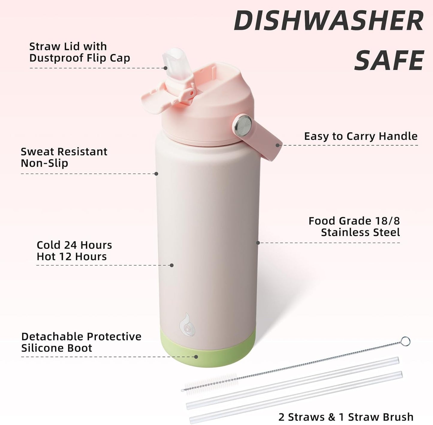 BJPKPK Water Bottle with Straw Lid, 24oz Vacuum Insulated Water Bottles, Metal Stainless Steel Thermo for Sports, Travel, BPA Free Leak Proof Thermo, Cups, Flasks, Tumblers,Pearl Pink