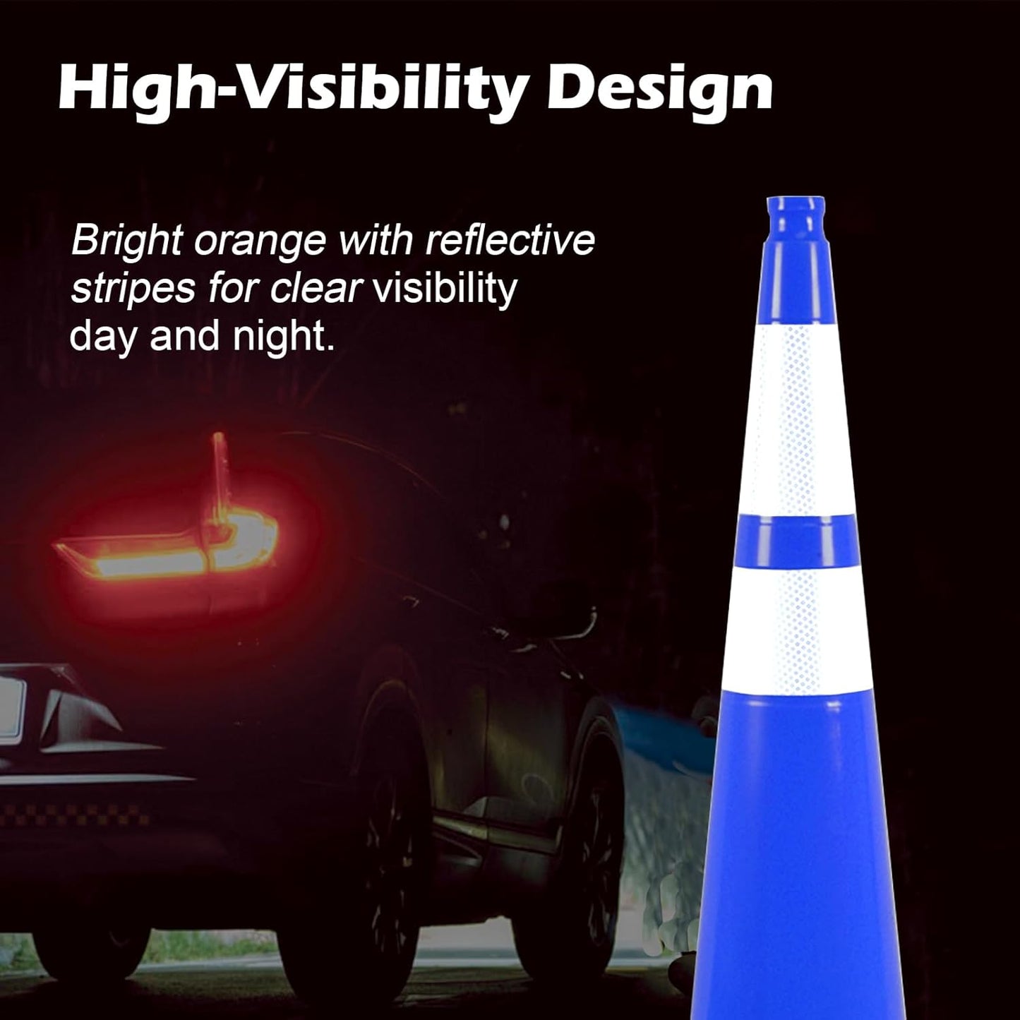 8 Pack 36 Inch Blue Traffic Cones with Reflective Tape, Heavy Duty Black Base Safety Cones for Airports, Warehouses and Large Event Spaces (8, Blue, 36 Inch)