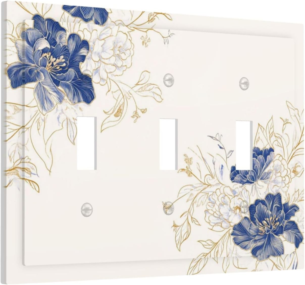 Decorative Light Switch Cover Plate Rustic Blue Flower Floral Gold Leaf 3 Gang Wall Plates for Electrical Outlets Triple Toggle Switch Plate Covers Outlet Covers Faceplate for Home Decor