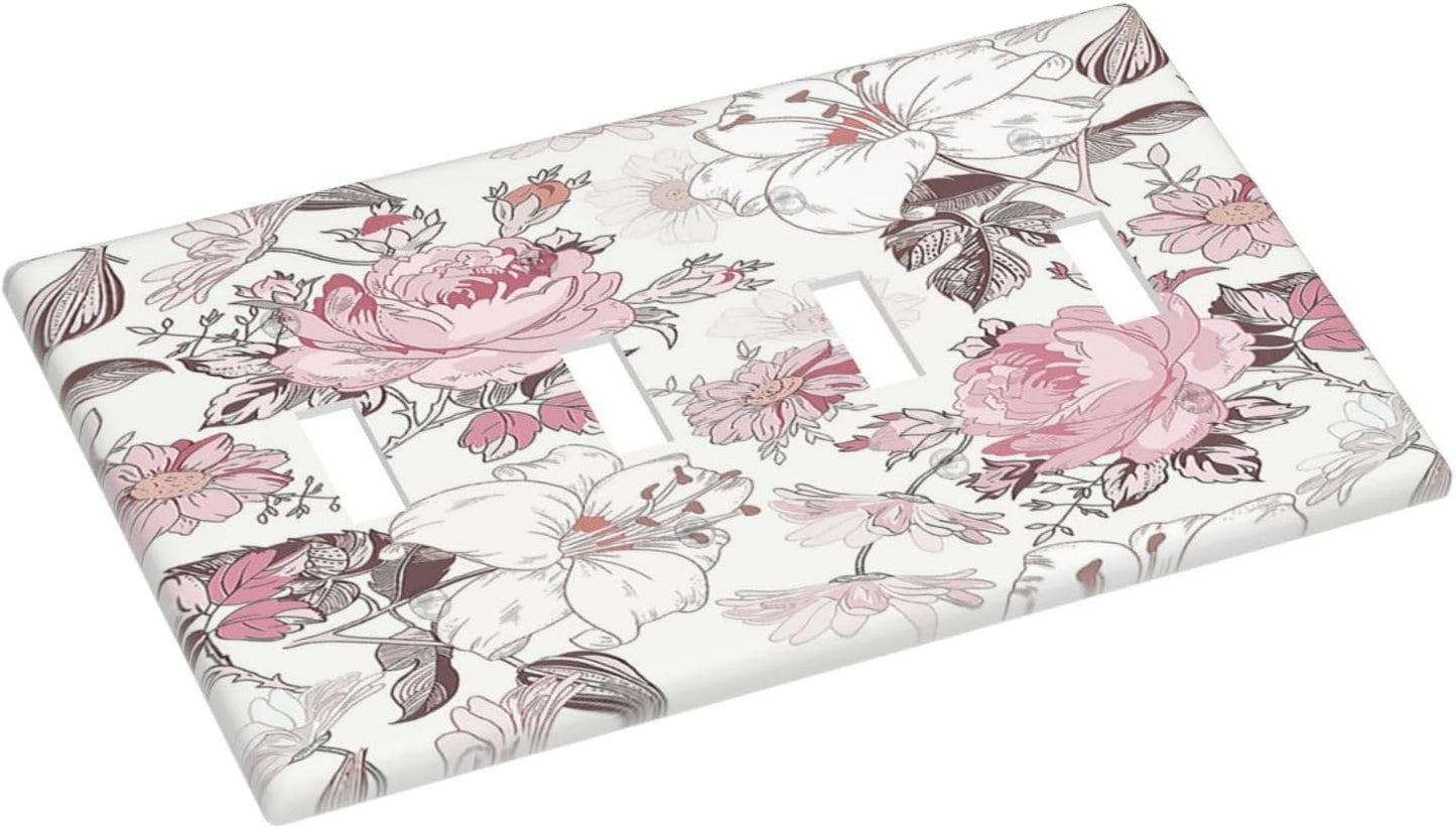 Light Switch Covers Modern Watercolor Flower Pink White Wildflower Quad Toggle 4 Gang Wall Plate Electrical Faceplate Decorative Switch Plates for Bedroom Home Decor