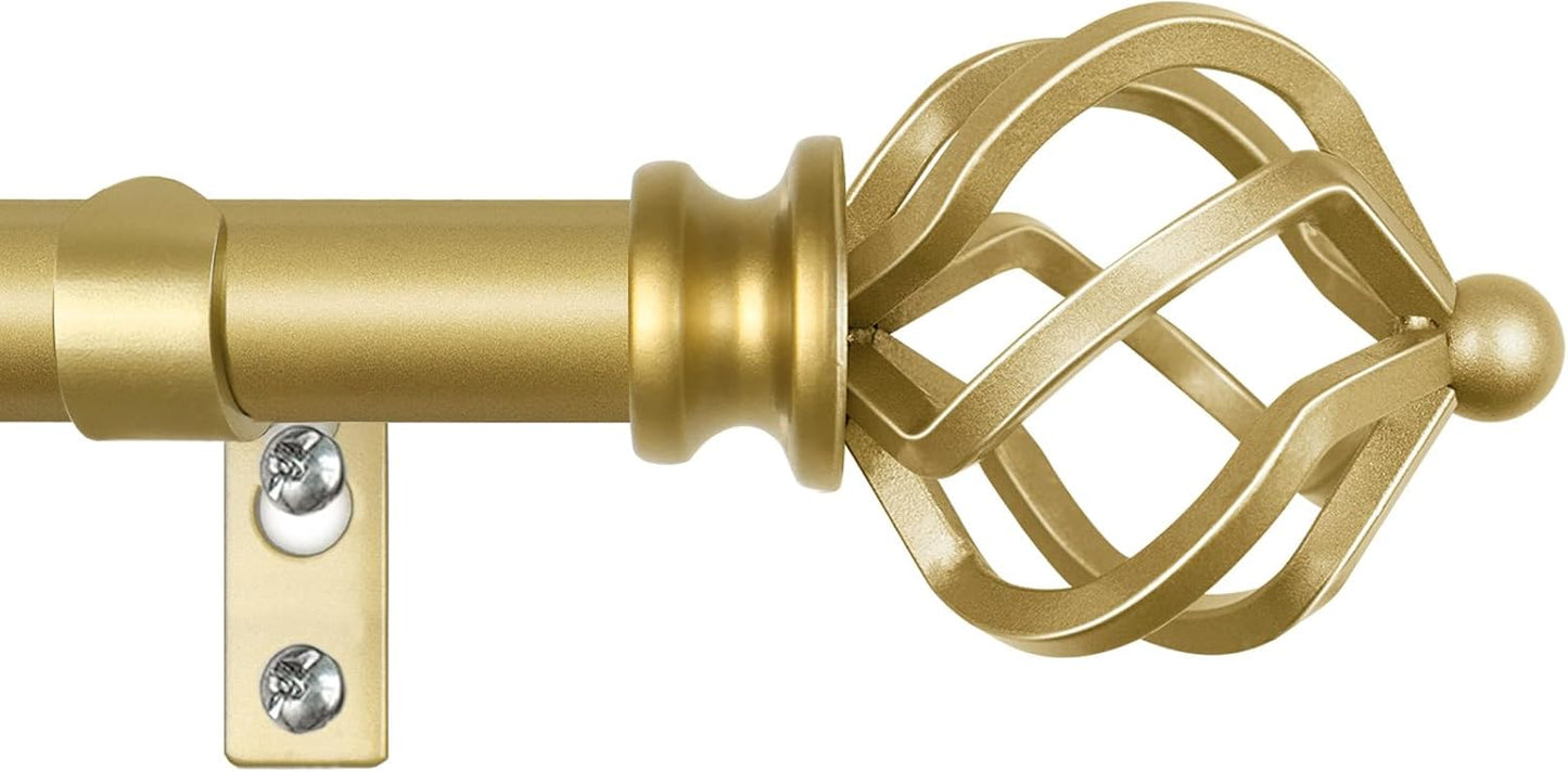 KAMANINA Gold Curtain Rods for Windows 48 to 84 Inch, Adjustable Single Curtain Rod 32 to 86 Inch(2.6-7.1ft), 3/4 Inch Splicing Drapery Rods with Twisted Cage Finial