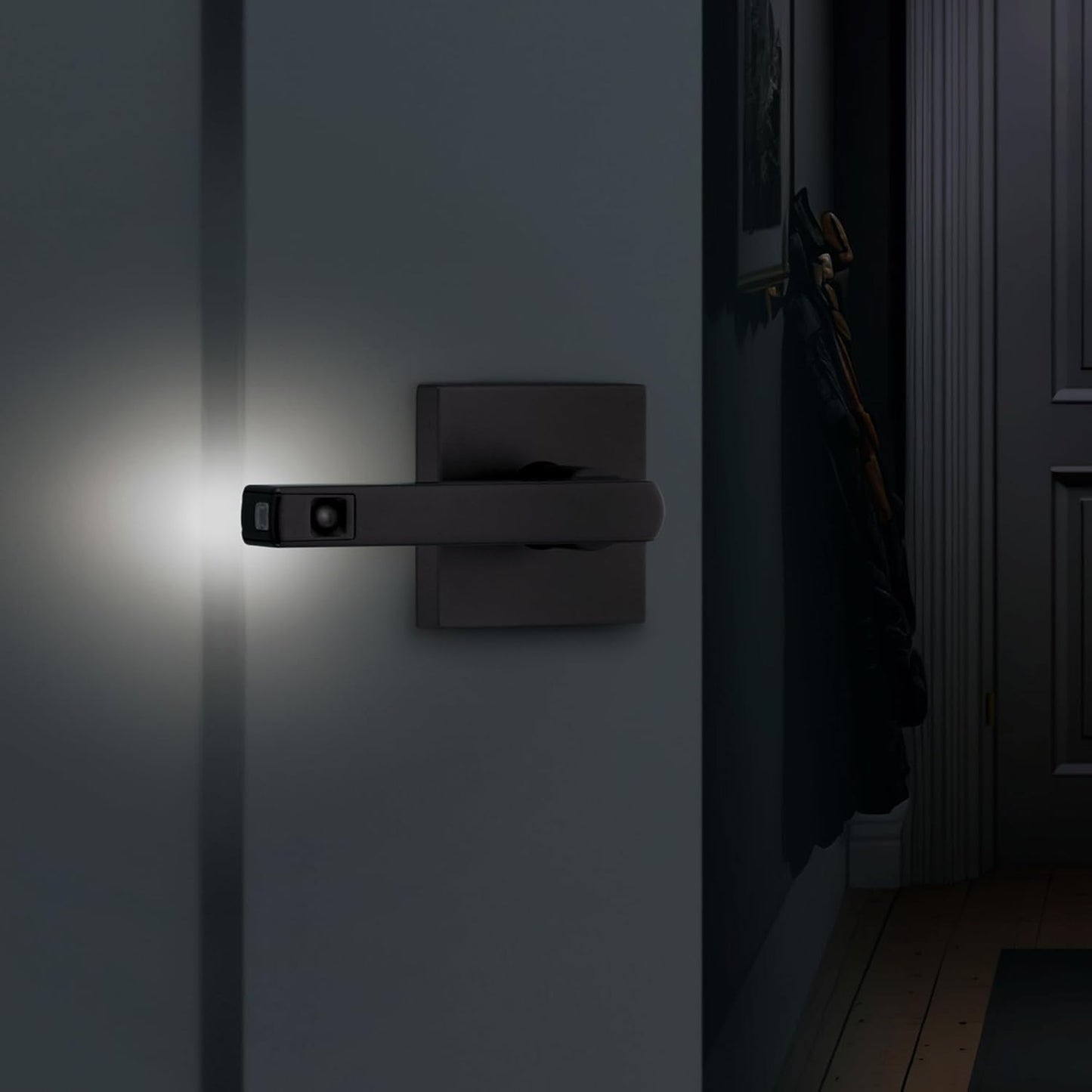 Kwikset Halifax LED Motion Activated Light Up Passage Door Lever for Closet and Hallway Doors, Reversible Non-Locking Handle Lever, Matte Black, with Microban Protection