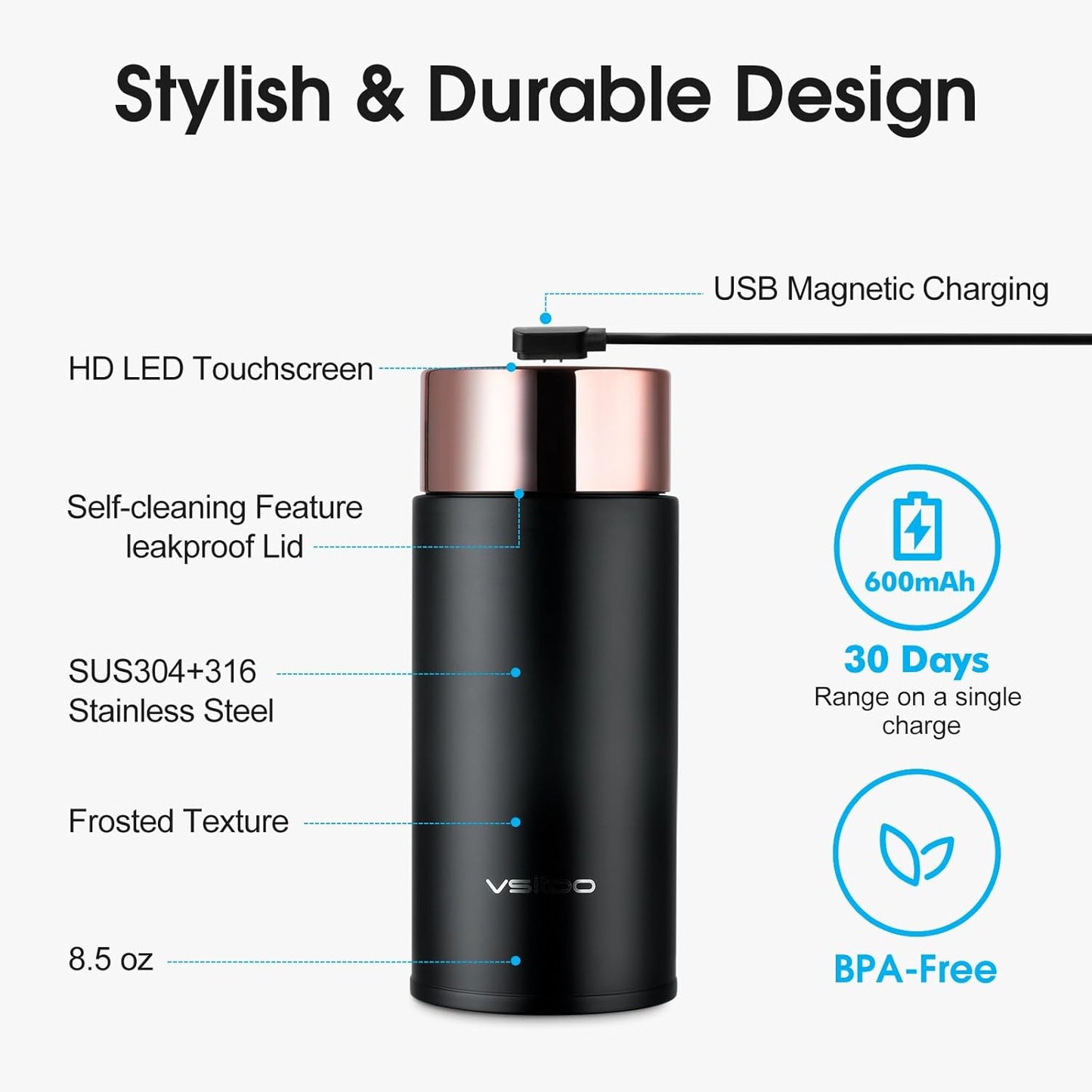 Vsitoo Smart self cleaning Insulated Water Bottle, 8.5oz Stainless Steel Vacuum Flask, AI Self-Clean, 30-Day Battery Life, BPA-Free, Magnetic Charging, Portable Travel Mug Gifts for Men Women, Black