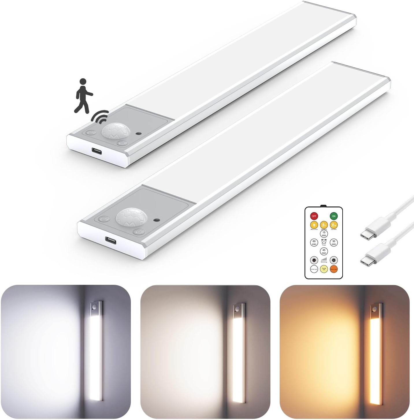 8" Ultra-Thin Under Cabinet Lighting Wireless, Aluminum Alloy Under Counter Lights for Kitchen, 3-Color-Temps Magnetic Closet Lights, Rechargeable Motion Sensor Light Indoor (2 Pack, Silver)