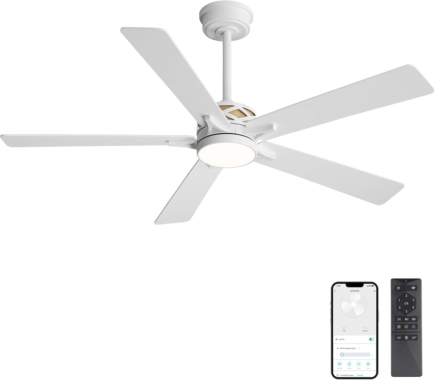 WINGBO 52" Smart Ceiling Fan with Lights, White/Oak Blades, 6 Speeds Reversible DC Motor, Works with Alexa and Google Assistant, 3CCT Dimmable LED Ceiling Fan for Bedroom Living Room, White Finish