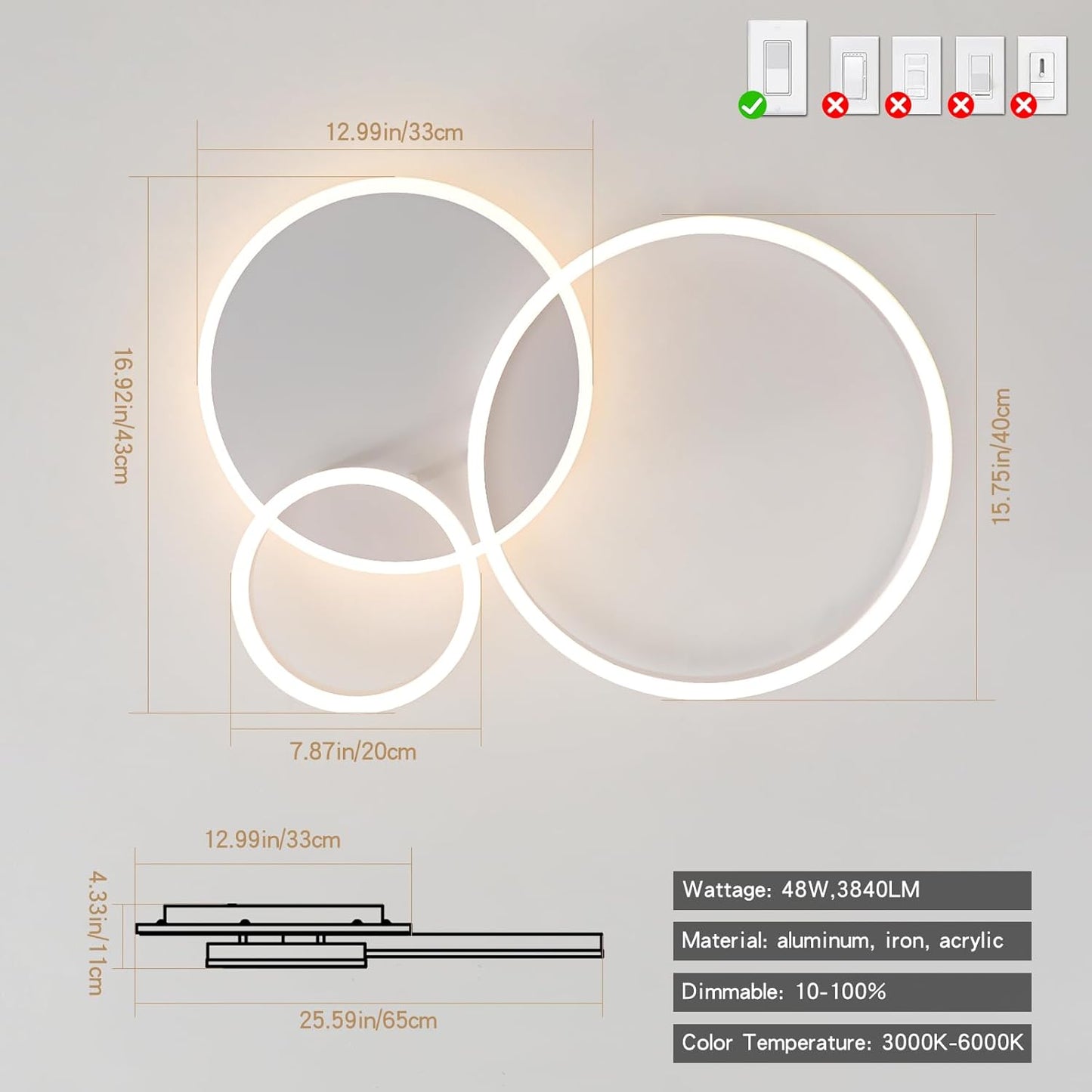 O'NEELDY Modern 3 Ring LED Chandelier Lamp Fixture White 25.59''Dimmable Acrylic Flush Mount Ceiling Lights with Remote Control Ideal for Small Room, Kitchen, Bedroom