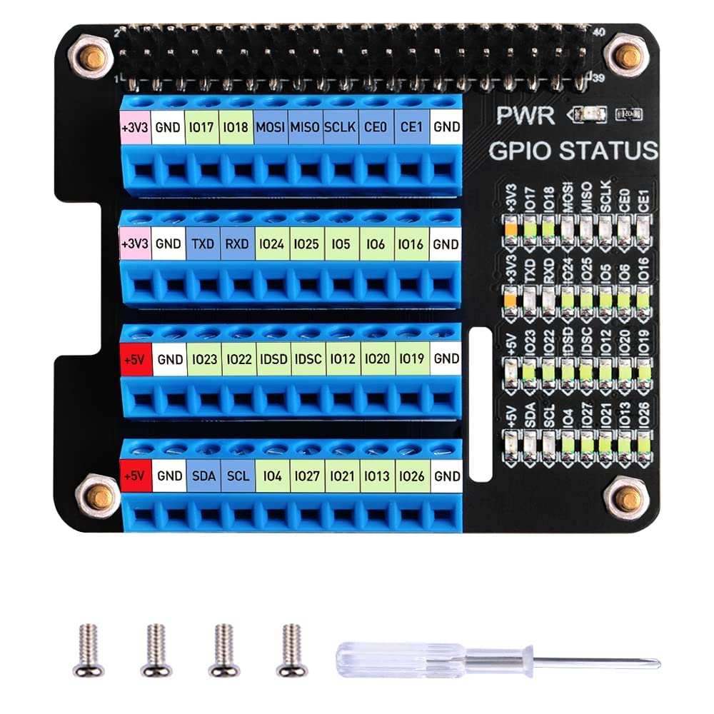 GeeekPi GPIO Screw Terminal Block Breakout Board HAT for Raspberry Pi, GPIO Expansion Board Breakout Module with GPIO Status LED for Raspberry Pi 4B/3B+/3B/2B/B+/Pi Zero W/Pi Zero 2 W