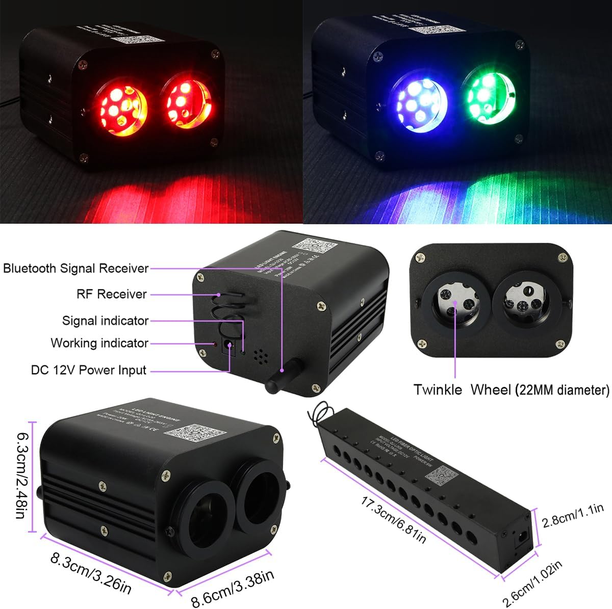AZIMOM Dual Color 20w Twinkle Fiber Optic Starlight Headliner Kits 900pcs 0.03in 9.8ft, RGB Meteor Shooting Star, Sound Activated Remote APP Control Home Car Ceiling Décor