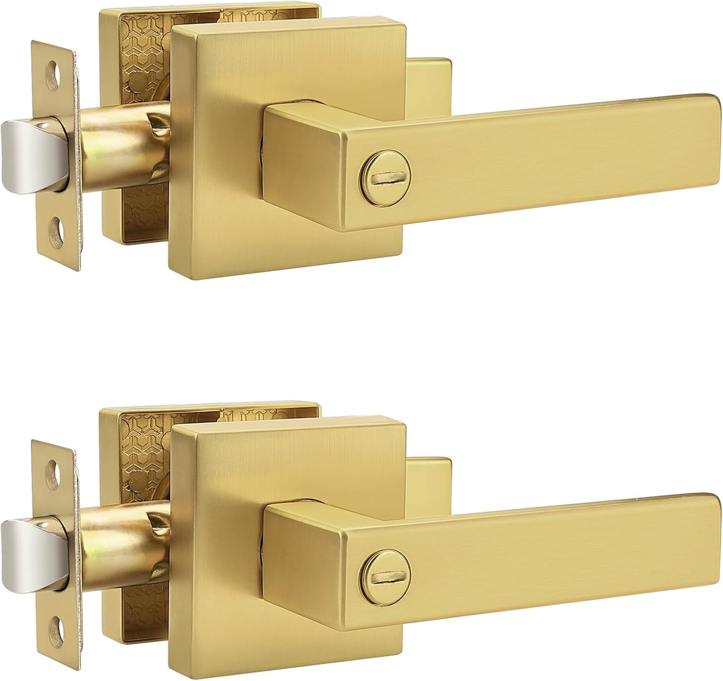 Probrico Heavy Duty Flat Gold Door Handles Square Privacy Interior Door Levers Bedroom and Bathroom Door Handles Keyless Bed/Bath Lockset (2 Pack)