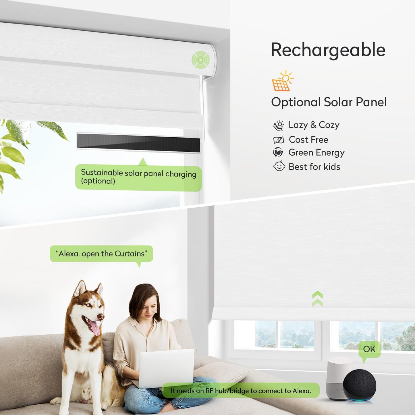 ZSTARR Motorized Blackout Roller Blinds with Remote Control,Rechargeable Smart Window Shades Compatible with Alexa Google via Hub,Fabric Wrapped Valance, Custom Size (White)