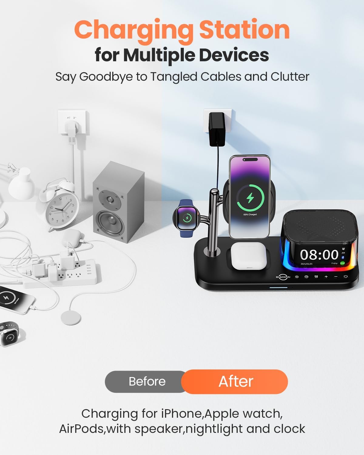 6-in-1 Wireless Charging Station for Multiple Apple Devices with Bluetooth Speakers Alarm Clock Night Light，Qi2.2 Phone Charger Stand for iPhone 17/16/15/14/13/12 Pro Max Apple Watch Airpods