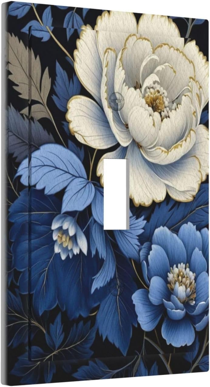 Blue White Flowers Light Switch Covers 1 Gang Single Toggle Wall Plate Decorative Switchcover Electrical Switchplate for Country Living Decor