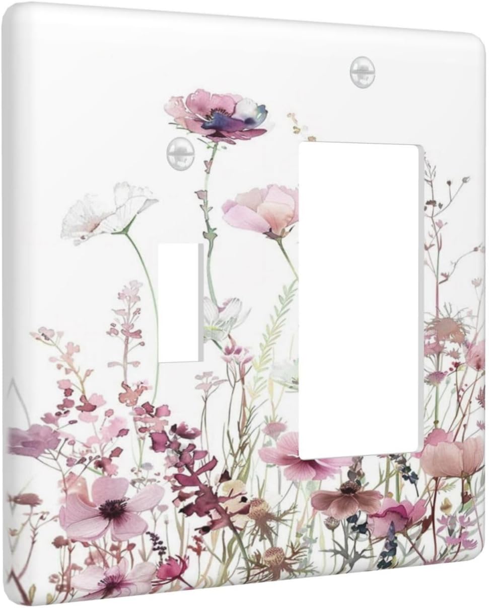 Floral Pink Watercolor Wildflowers Plant Flower Outlet Covers 1 Toggle 1 Rocker Combination Decorative Wall Plate Electrical Switch Plates Light Switch Cover Plate for Bedroom Living Room Decor