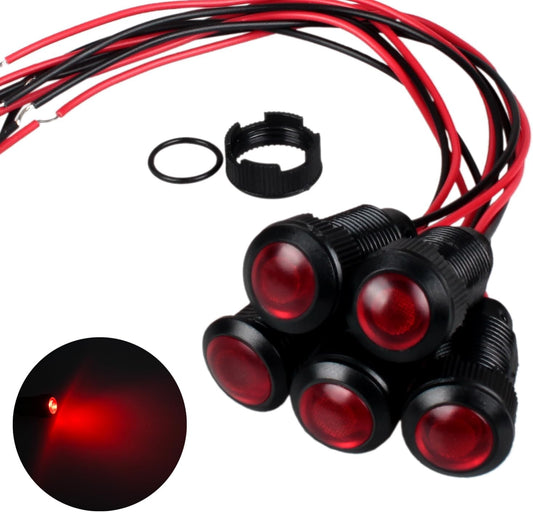 5pcs 12mm 12V-24V LED Indicator Light Plastic Black Signal Dot Lamp 1/2 inches Mounting Hole Size with 15cm/5.9in. Wire (Red LED)