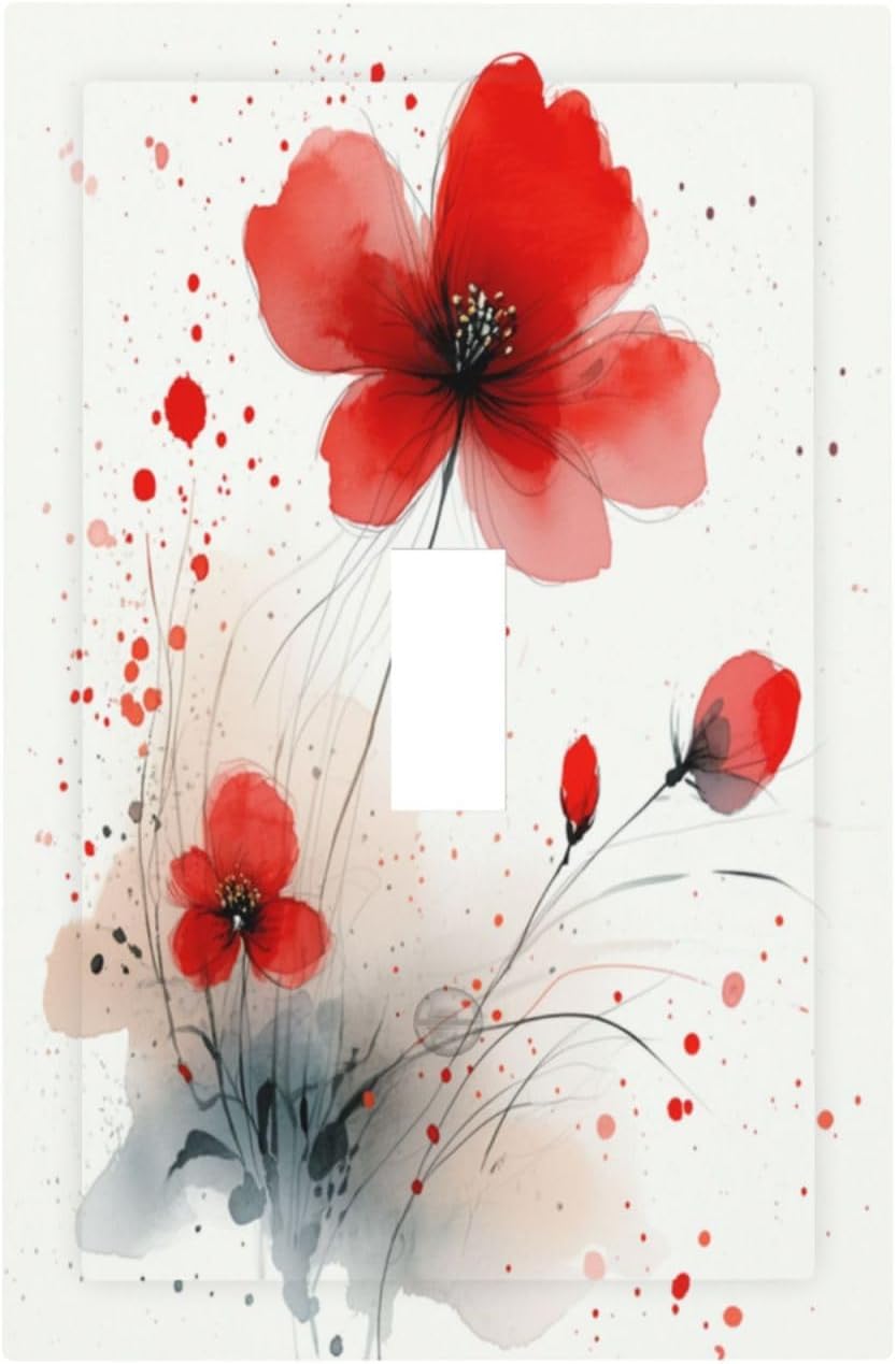 Vintage Watercolor Red Flowers Floral Decorative Light Switch Cover 1 Gang Single Toggle Decorator Outlet Wall Plate Device Electrical Faceplate Switchplates for Bedroom Bathroom Decor