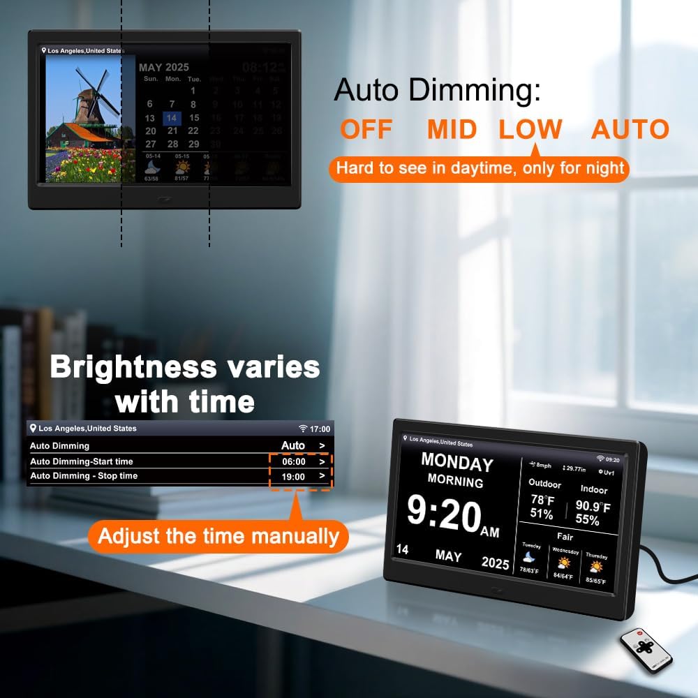 2025 Digital Clock with Weather Forecast & Temperature/Humidity Large Display,Auto Time Sync, Custom Alarms & Medication Reminders, Elderly Memory Loss (Black, 10.1 Inch)