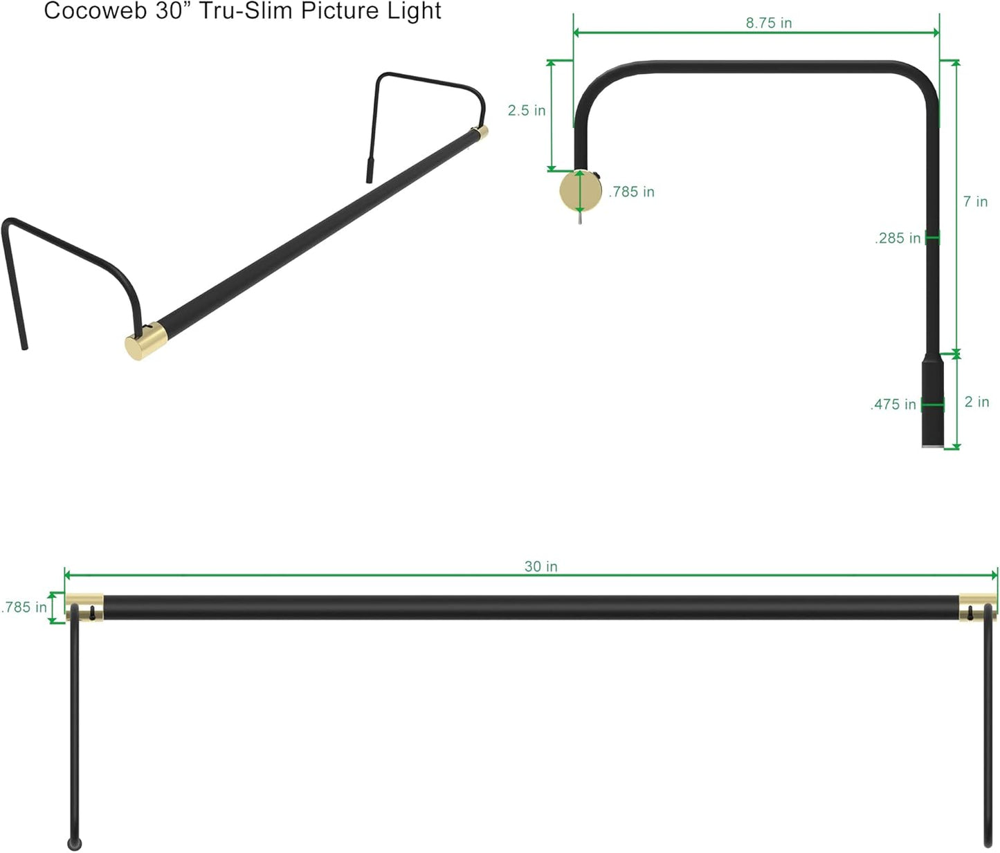 Cocoweb 30 Inch Tru-Slim Black and Brass Picture Light - LED, 2700K, Adjustable Arm, Plug-in, Toggle Switch, Sleek and Compact Design