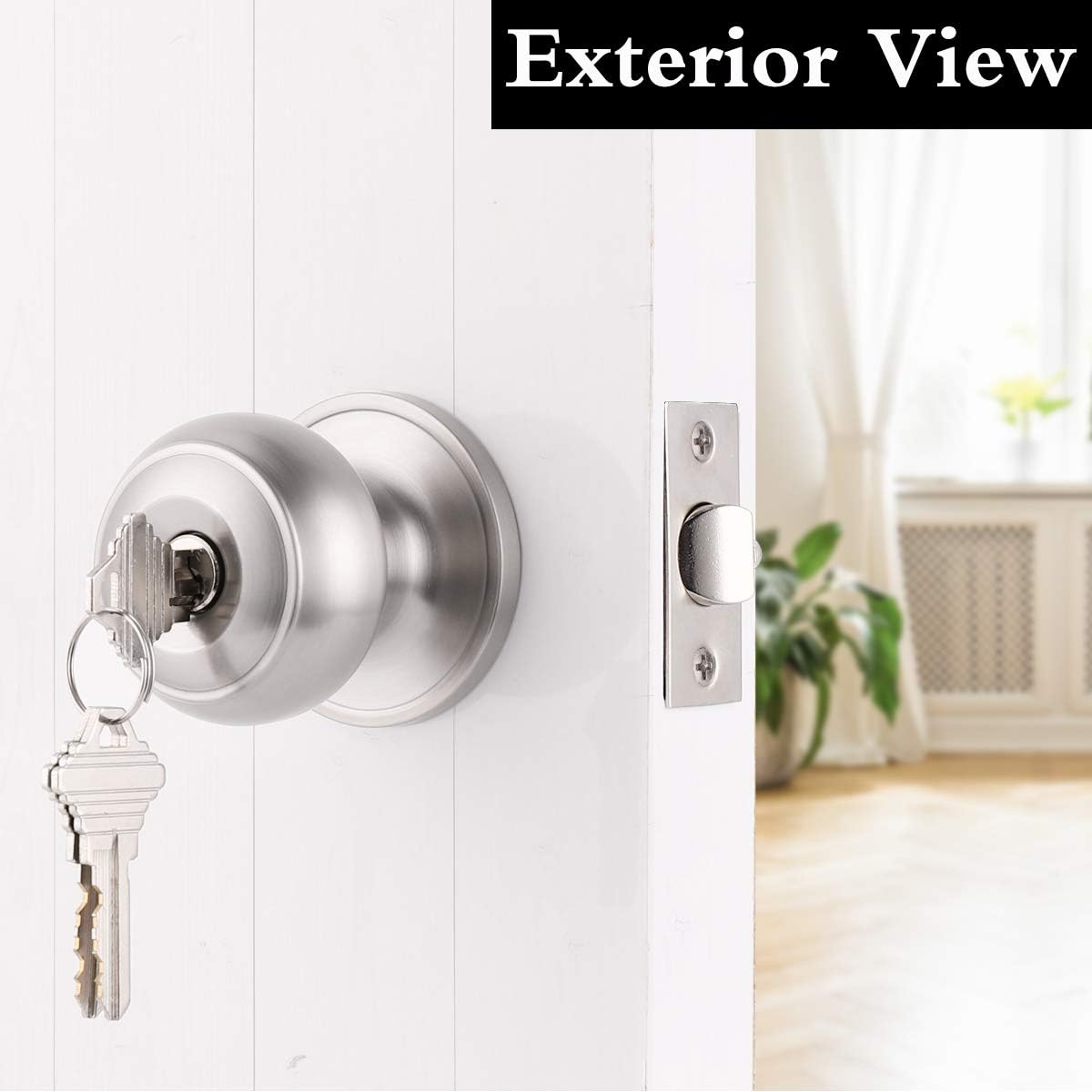 Gobrico 2 Pack Falt Ball Satin Nickel Finished Entry Door Locksets with Same Key Keyed-Alike Exterior Door Knobs
