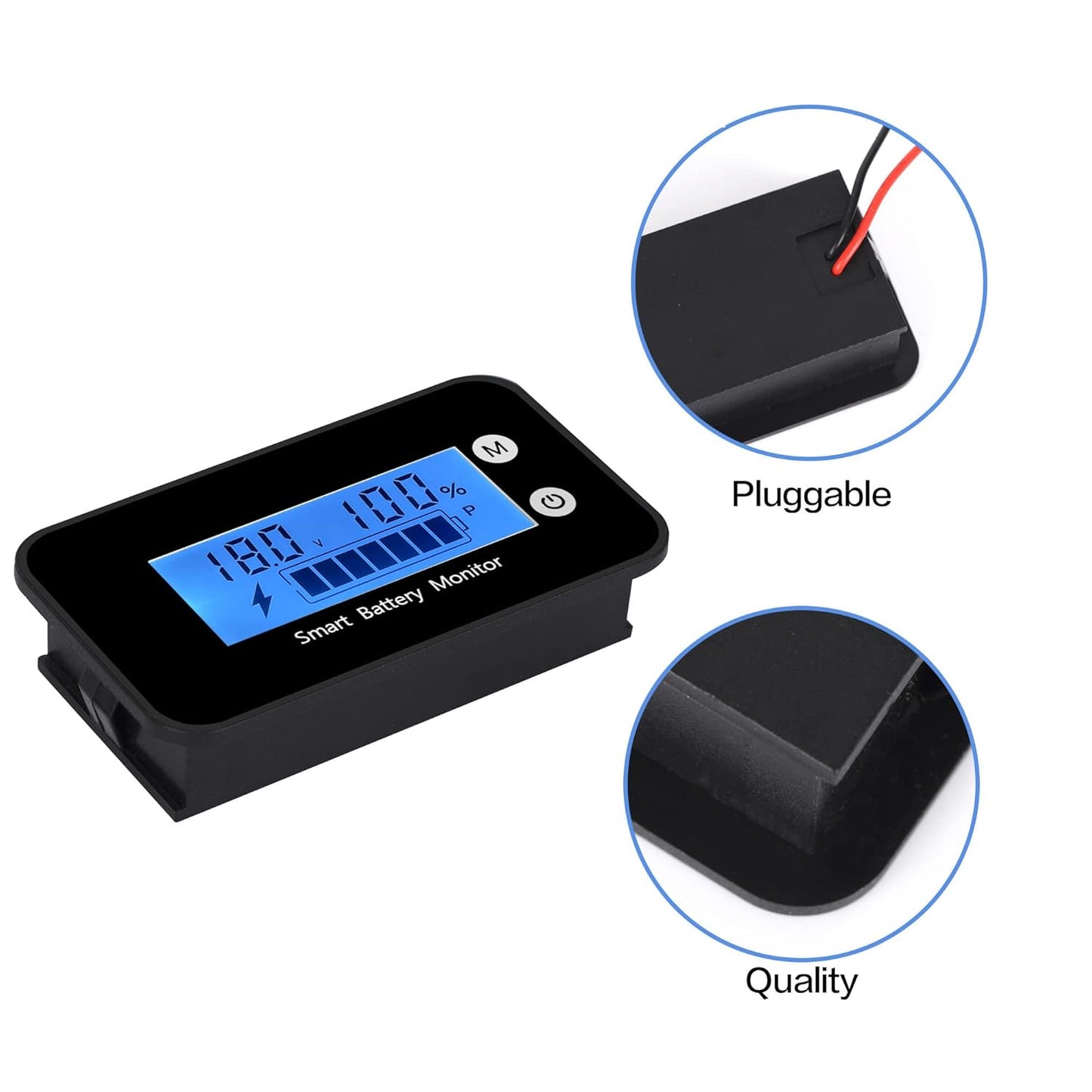 Waterproof Battery Monitor12v 24v 36v 48v 60v 72v ,Car Motorcycle Golf cart Battery Meter Digital Battery Capacity Remaining Capacity Percentage Tester with Buzzer Alarm and Temperature（Bule）