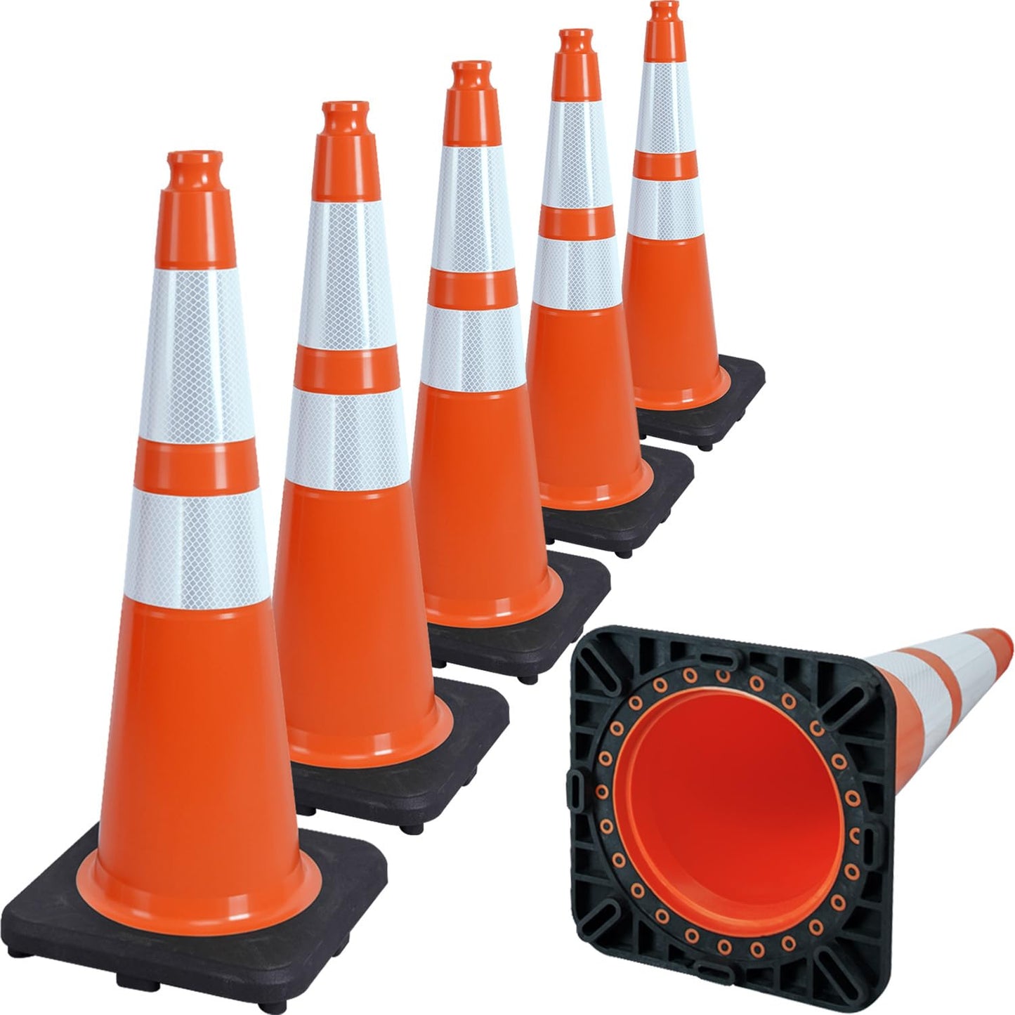 6 Pack 28" Inch Large PVC Traffic Cones with Heavy-Duty Black Base, High-Visibility All-Weather Safety Cones for Road Construction, Parking Lot, Garage Use (6, Orange, 28" Large)