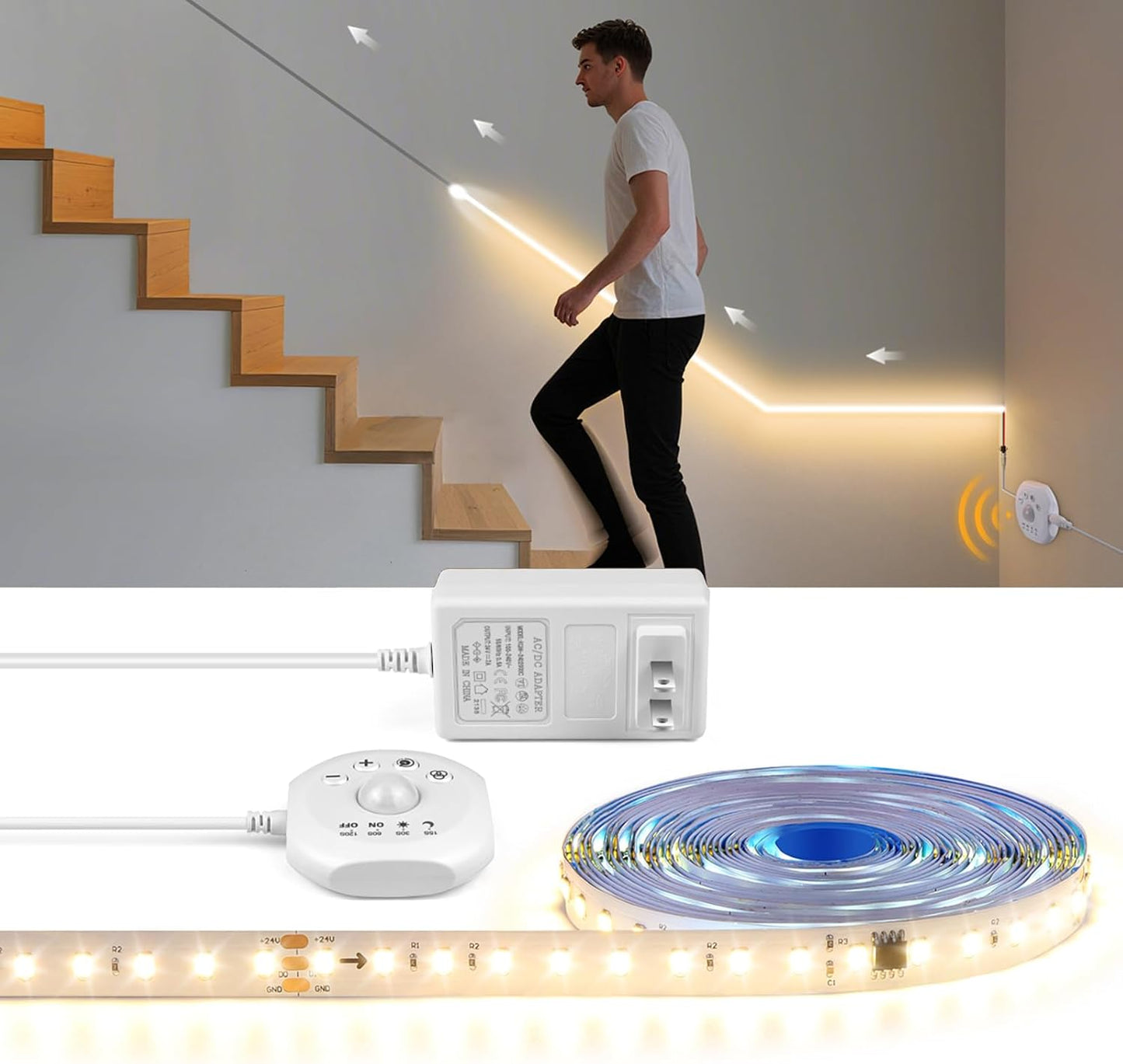 Motion Sensor LED Strip Light Kit, 16.4Ft Running Water Flowing LED Strip Lights Cut&Dimmable, 3000K 24V Motion Activated Flexible Horse Race Tape Light for Room Stair Corridor
