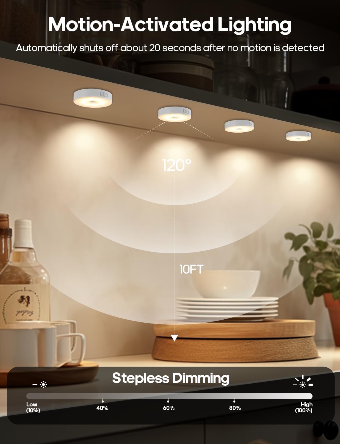 Motion Sensor Night Light, Battery Operated Puck Lights with Remote, Dimmable Warm White Night Light, 3000K Soft Light for Bathroom, Bedroom, Hallway