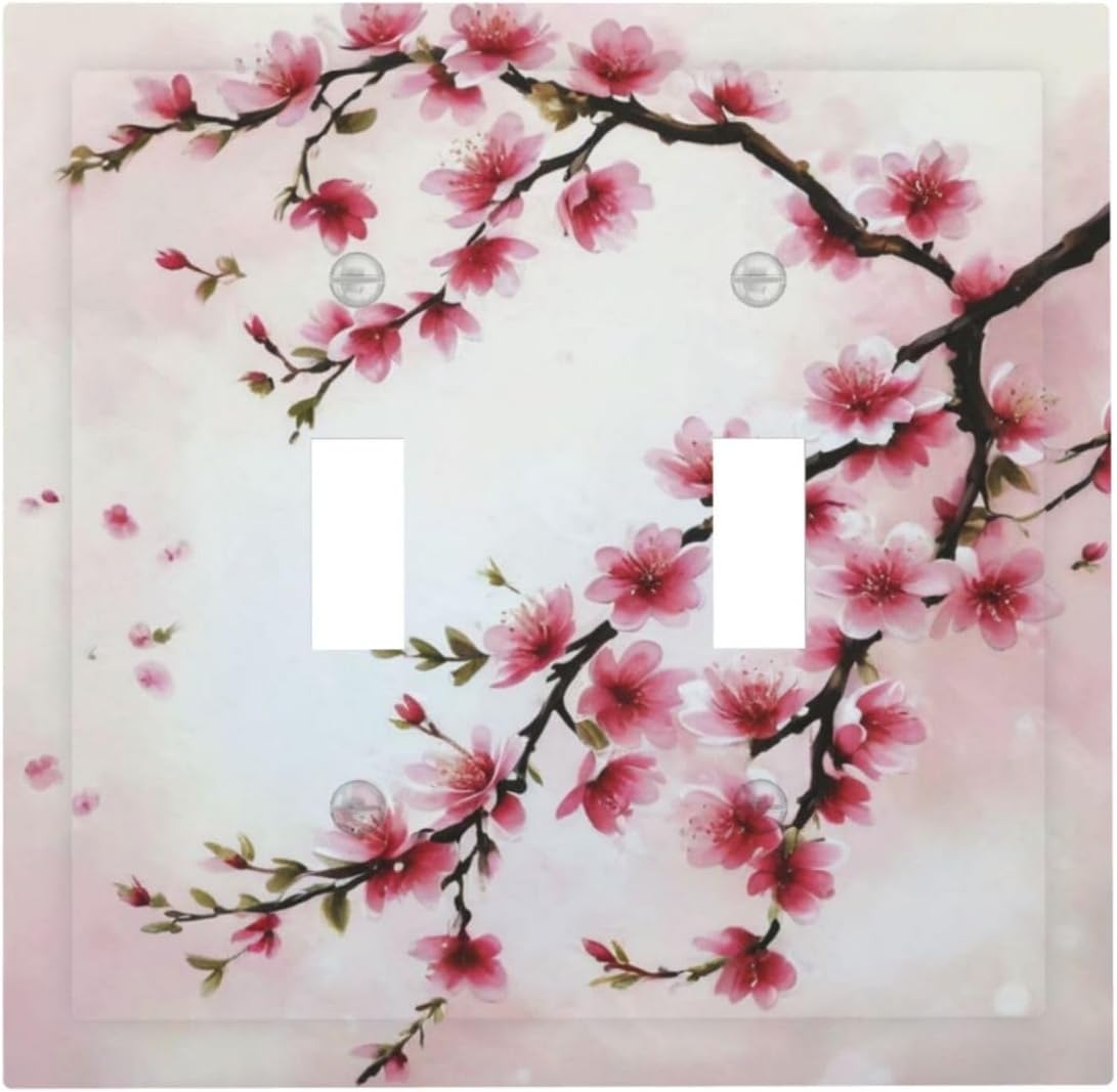 Branch with Pink Flowers Light Switch Covers Double Toggle 2 Gang Wall Plate Dual Decorative Switchplate Electrical Faceplate for Farmhouse Decor