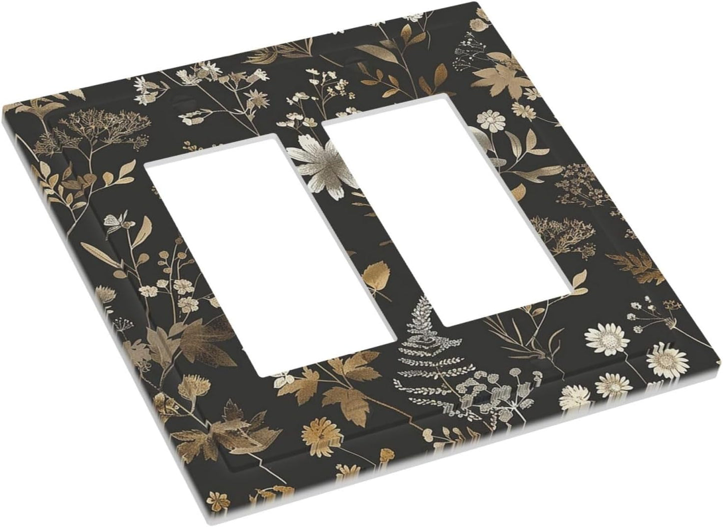 Decorative Outlet Covers Black Gold Floral Dark Leaves Vintage Flowers 2 Gang Double GFCI Rocker Electrical Wall Panels Light Switch Cover Plate for Bed Room Home Decor