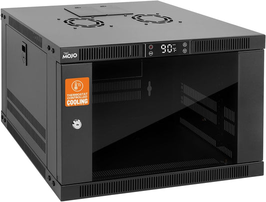 Tecmojo 6U Wall Mount Rack with Thermostat, 17.7inch Depth Enclosed Server Cabinet with 2 Cooling Fans,Lockable Door & Hardware,6U Rack for 19inch Equipments,Glass Door