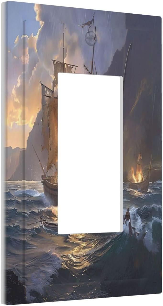 Decorative Outlet Covers Medieval Vintage Sailing Adventure Sailings Ocean Waves 1 Gang Single Rocker Light Switch Cover Plate GFCI Wall Plates Electrical Switch Plate Cover for Bedroom Cabin Decor