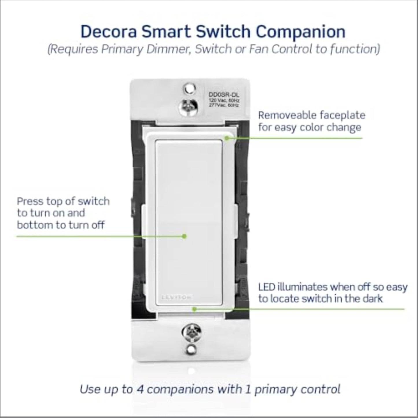 Leviton Decora Smart Switch Companion for Multi-Location Switching with Locator LED (Not for stand-alone use), 120/277VAC, 60Hz DD0SR-DLZ, White, Ivory, Light Almond