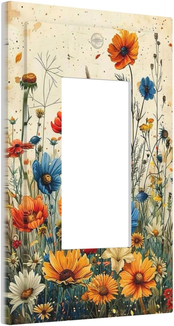 Decorative Outlet Covers Colorful Flowers Wildflowers Plants Orange Yellow Blue 1 Gang Single Rocker Light Switch Cover Plate GFCI Wall Plates Electrical Switch Plate Cover for Home Farmhouse Decor