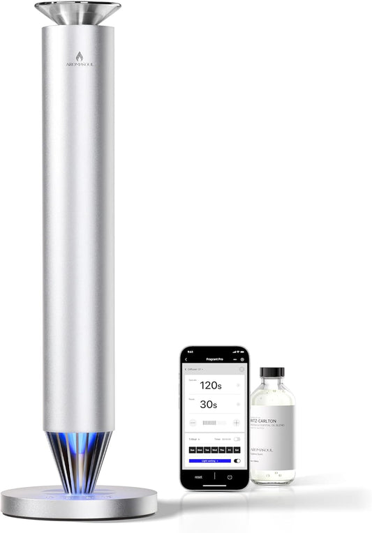 Waterless Scent Diffuser Starter Kit - 1500 Sq Ft Coverage, Alloy Atomization System,Mood Light,Smart Rechargeable Hotel Scent Diffuser, Including 120ml Essential Oil, for Home,Large Room,Spa,Silver