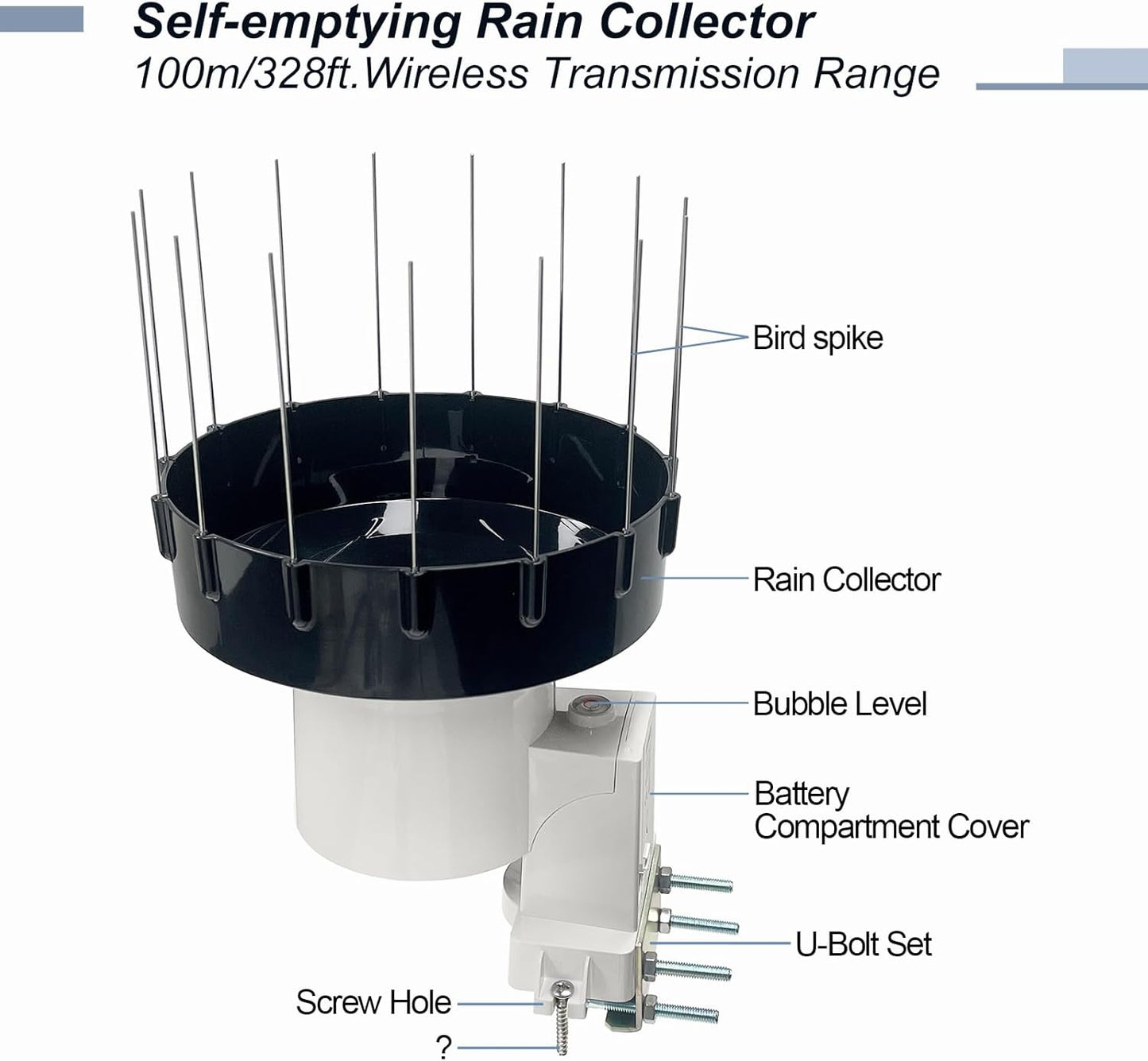 ECOWITT WH40BH Wireless Rain Gauge Outdoor Sensor, with 5cm/1.96in Height Self-Emptying Rainfall Collector Funnel, 15 Pcs Bird Spikes - - Accessory Only, Can Not Be Used Alone, 915 MHz