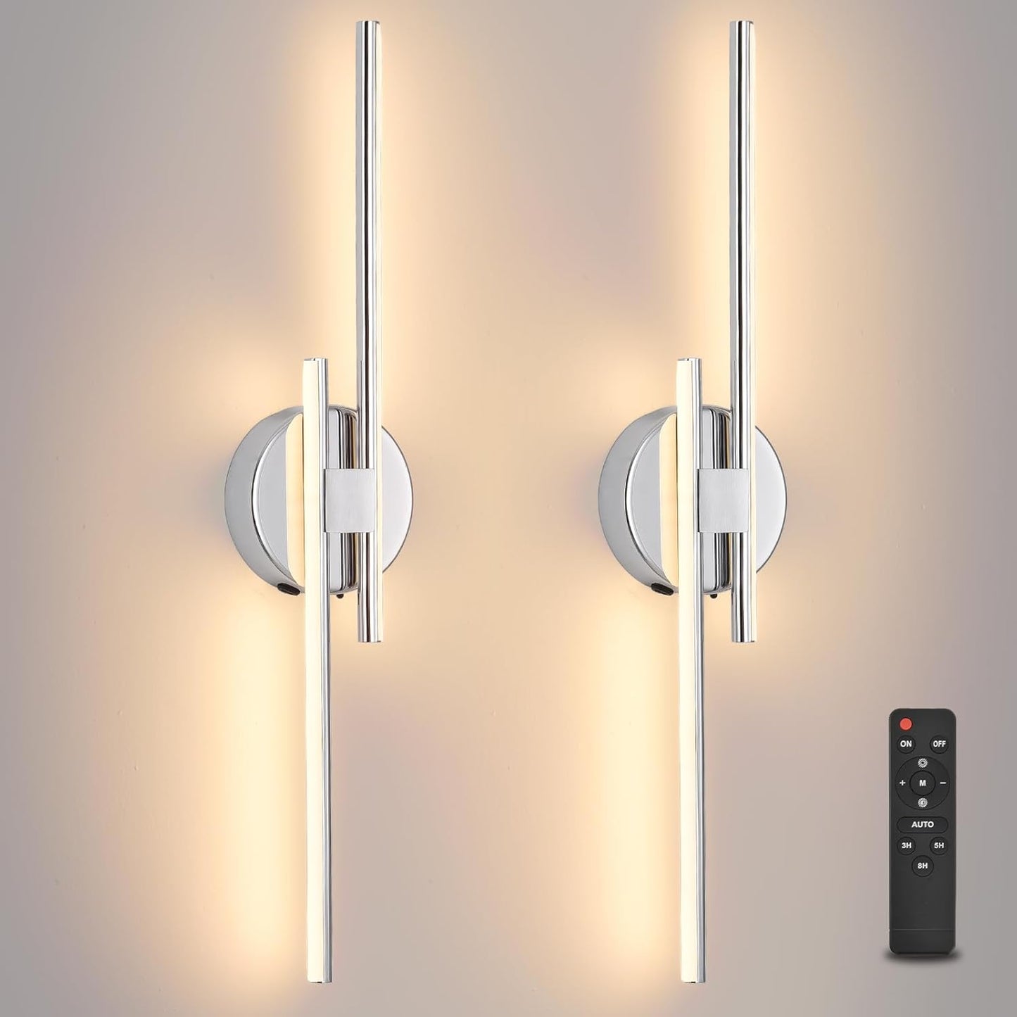 Rechargeable Battery Operated Wall Sconce Set Of Two, Chrome Wireless LED Wall Sconces With Remote Control, Dimmable 3 Colors Cordless wall lights for Living Room, bedroom, Hallway, 23.6 Inch ( 2pcs)