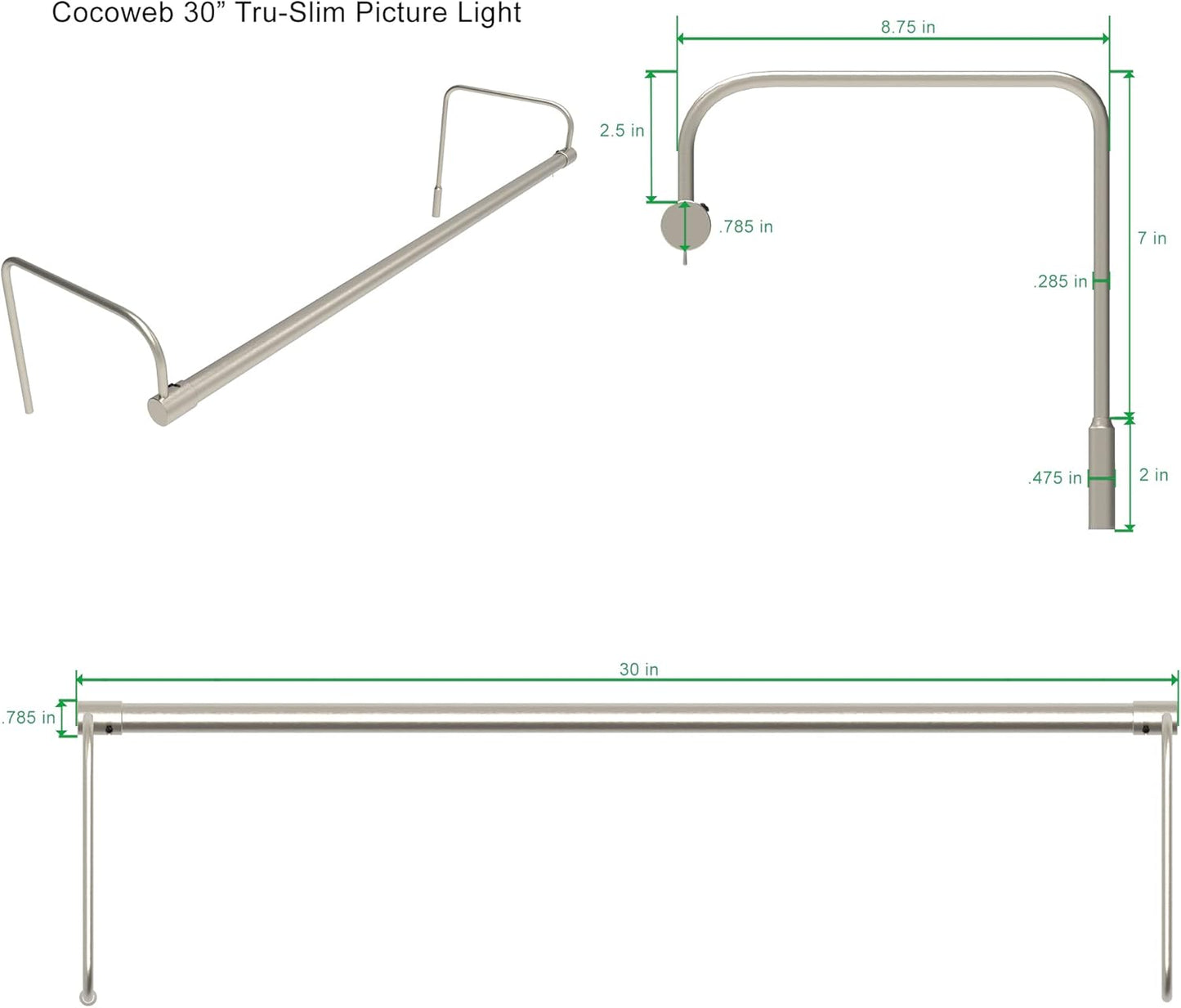 Cocoweb 30 Inch Tru-Slim Satin Nickel Picture Light - LED, 2700K, Adjustable Arm, Plug-in, Toggle Switch, Sleek and Compact Design