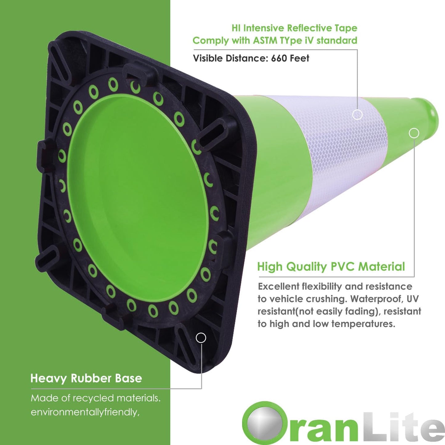 6 Pack 18" Inch Green PVC Traffic Cones with Heavy-Duty Base, High-Visibility All-Weather Safety Cones for Road Construction, Parking Lot, and Garage Use (6, Green, 18" Medium)