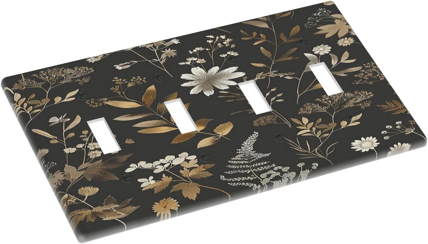 Light Switch Covers Black Gold Floral Dark Leaves Vintage Flowers Quad Toggle Electrical Faceplate 4 Gang Wall Plate Decorative Switch Plates for Bed Room Home Decor