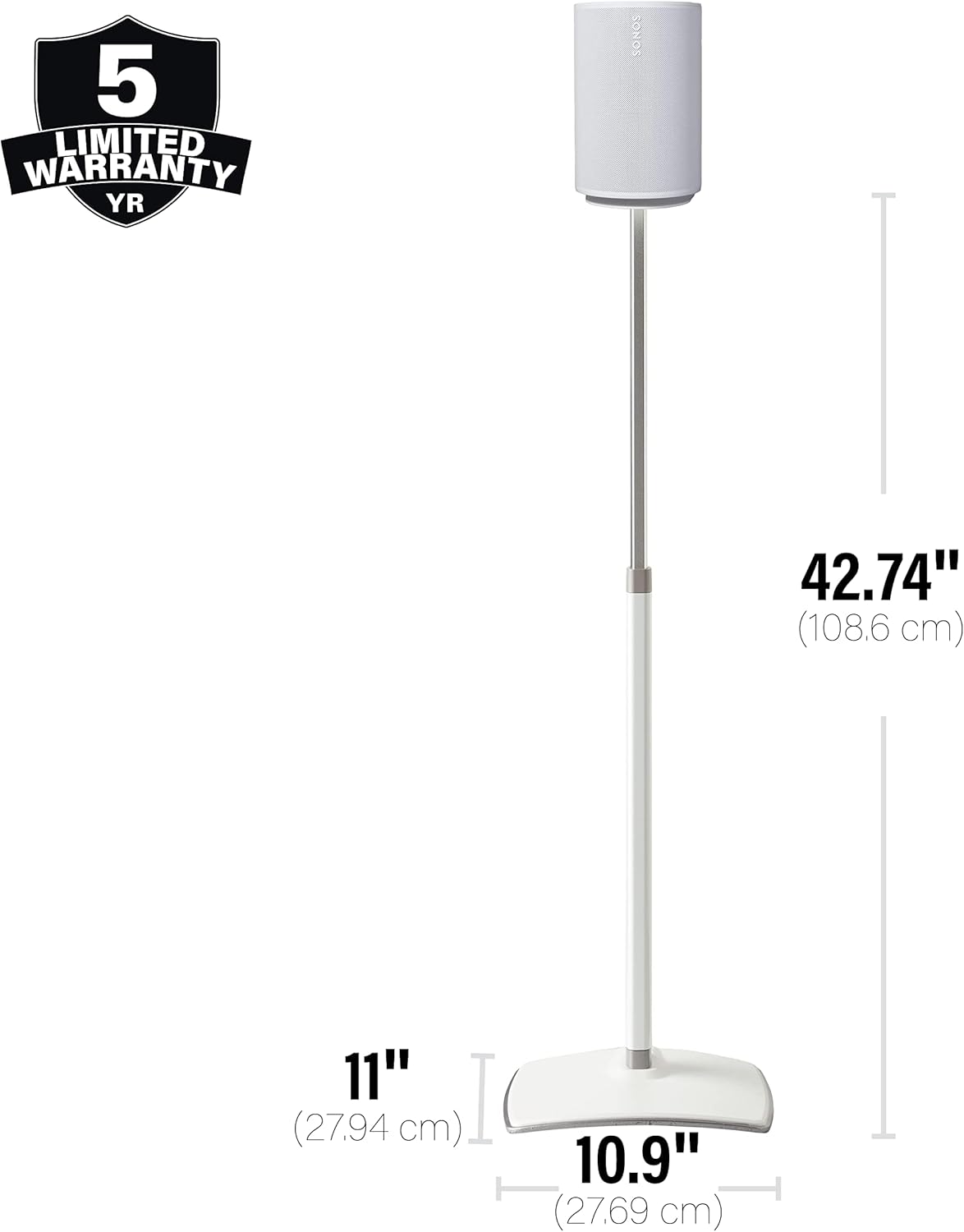 Sanus Speaker Stand for Sonos Era 100 Speakers - Height Adjustable Single Stand w/Easy 3 Step Install - Includes Rubber Feet & Carpet Spikes - White