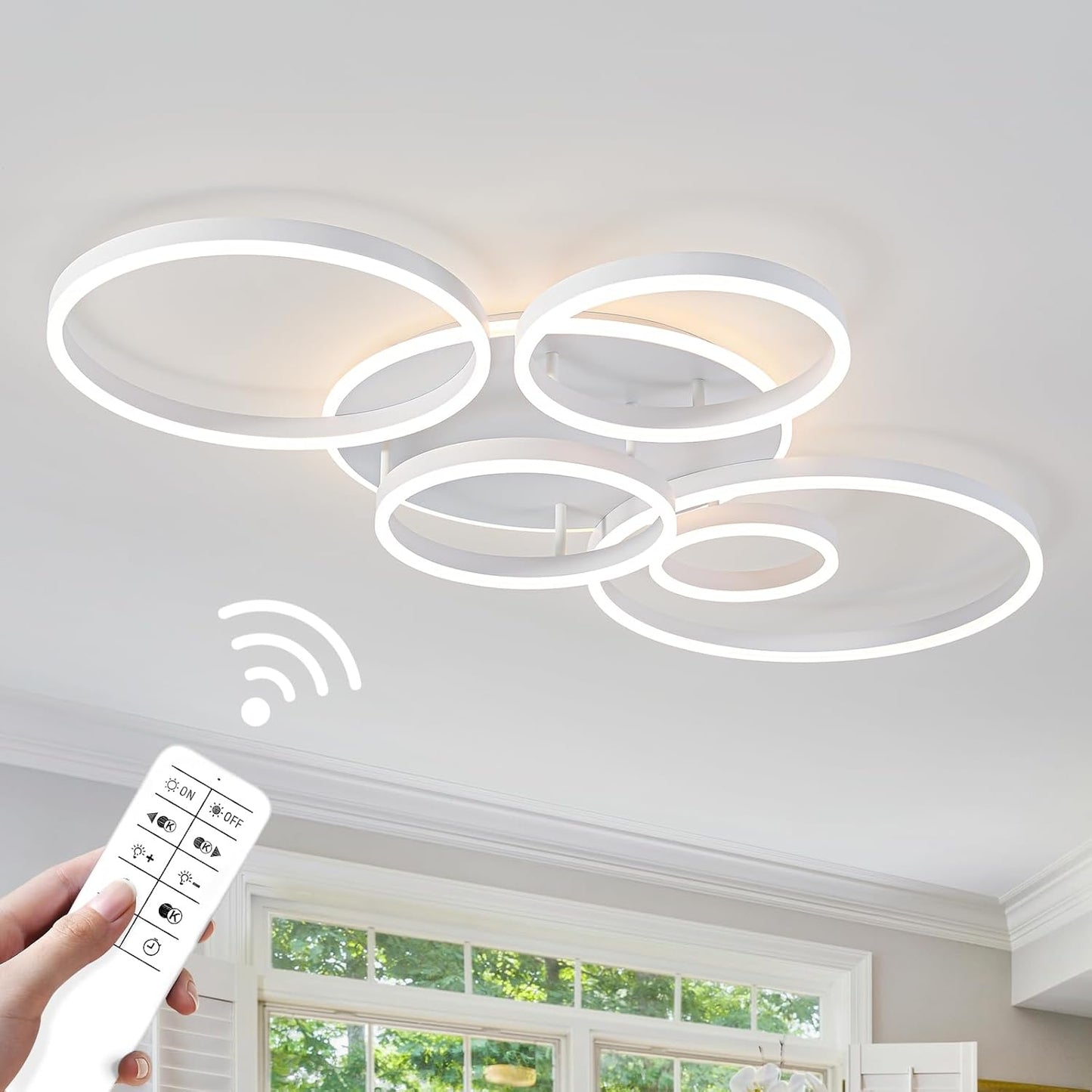 O'NEELDY Modern LED Ceiling Light White Flush Mount Ceiling Lights Fixtures Dimmable 47" Dining Room Light Fixture with Remote 6 Rings Kitchen Lighting Fixtures Ceiling Lamp for Bedroom,Living Room