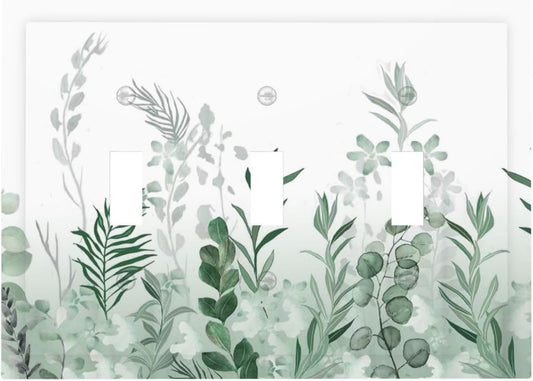 Watercolor Green Leaf Rustic Plant Eucalyptus Flowers Decorative Switch Plates 3 Gang Wall Plate Triple Toggle Light Switch Cover Faceplate Electrical Wall Panels for Bed Room Living Room Decor