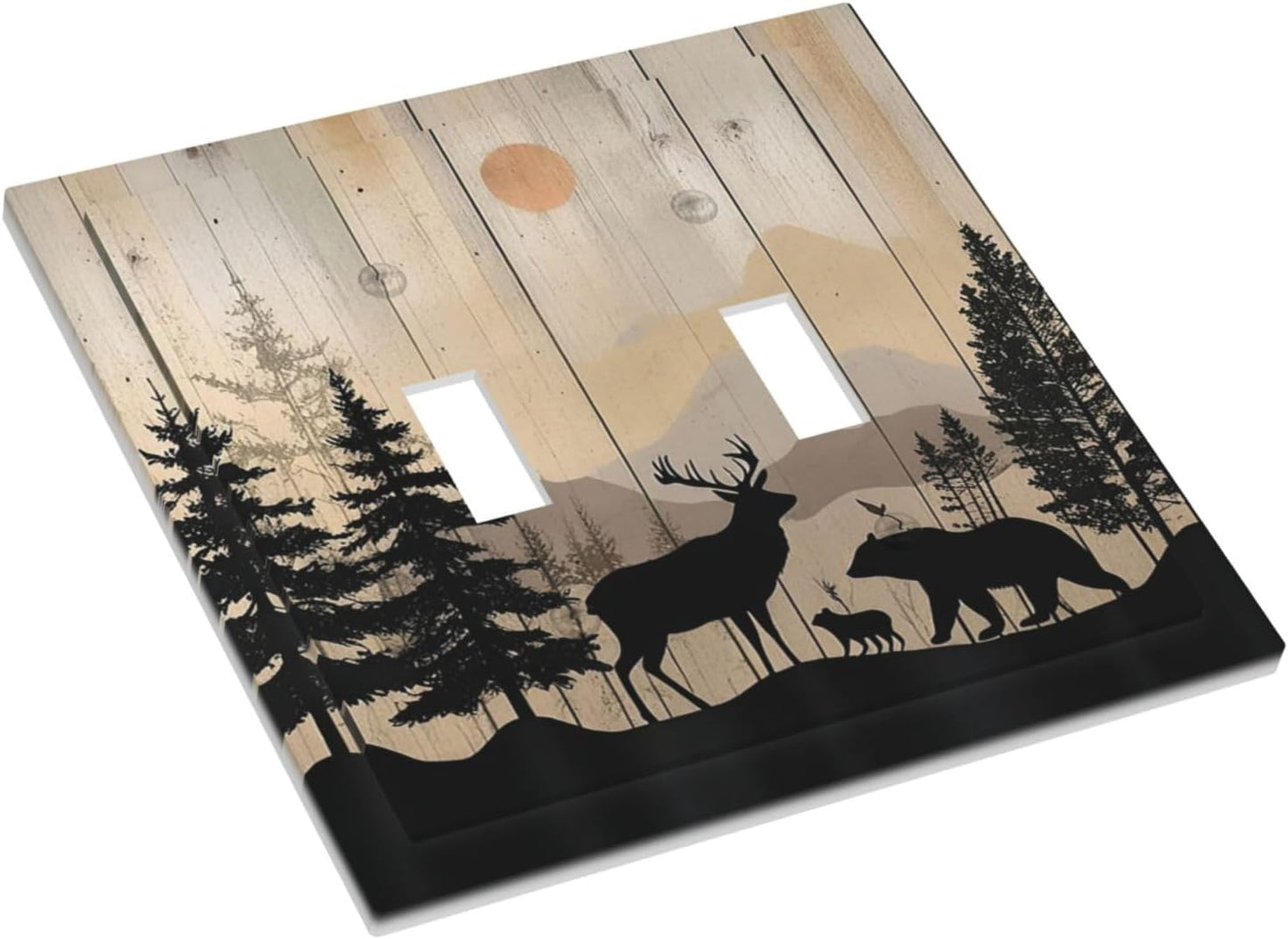 Decorative Switch Plates Wood Board Wildlife Cute Bear Deer Forest Rustic 2 Gang Double Toggle Outlet Light Switch Cover Wall Plate Electrical Faceplate for Bathroom Farmhouse Decor